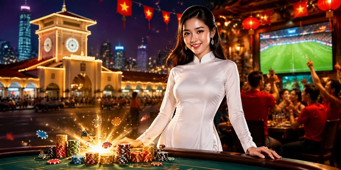 Không gian cược casino và thể thao sôi động tại TP. Hồ Chí Minh, người chơi mặc áo dài truyền thống